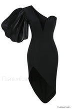 Black Puff Sleeve Charming Asymmetric Midi Dress S / Black