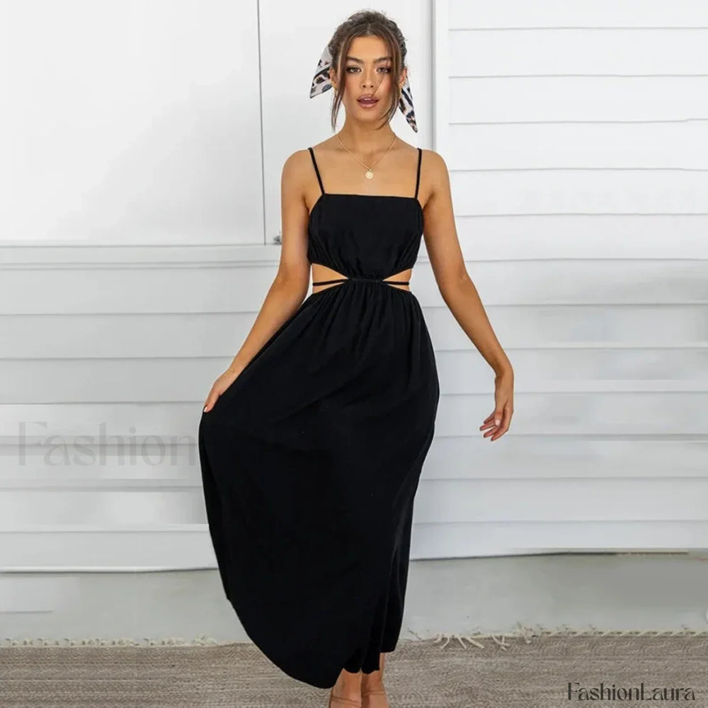 Black Ruffle Lace Up Midi Dress Black / S