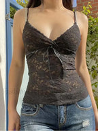 Black V Gothic Summer Lace See Neck Y2K Sexy Sleeveless Through Aesthetic Crop Top Black / S