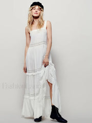 Blue Cotton Strap Maxi Boho Dress WHITE / S