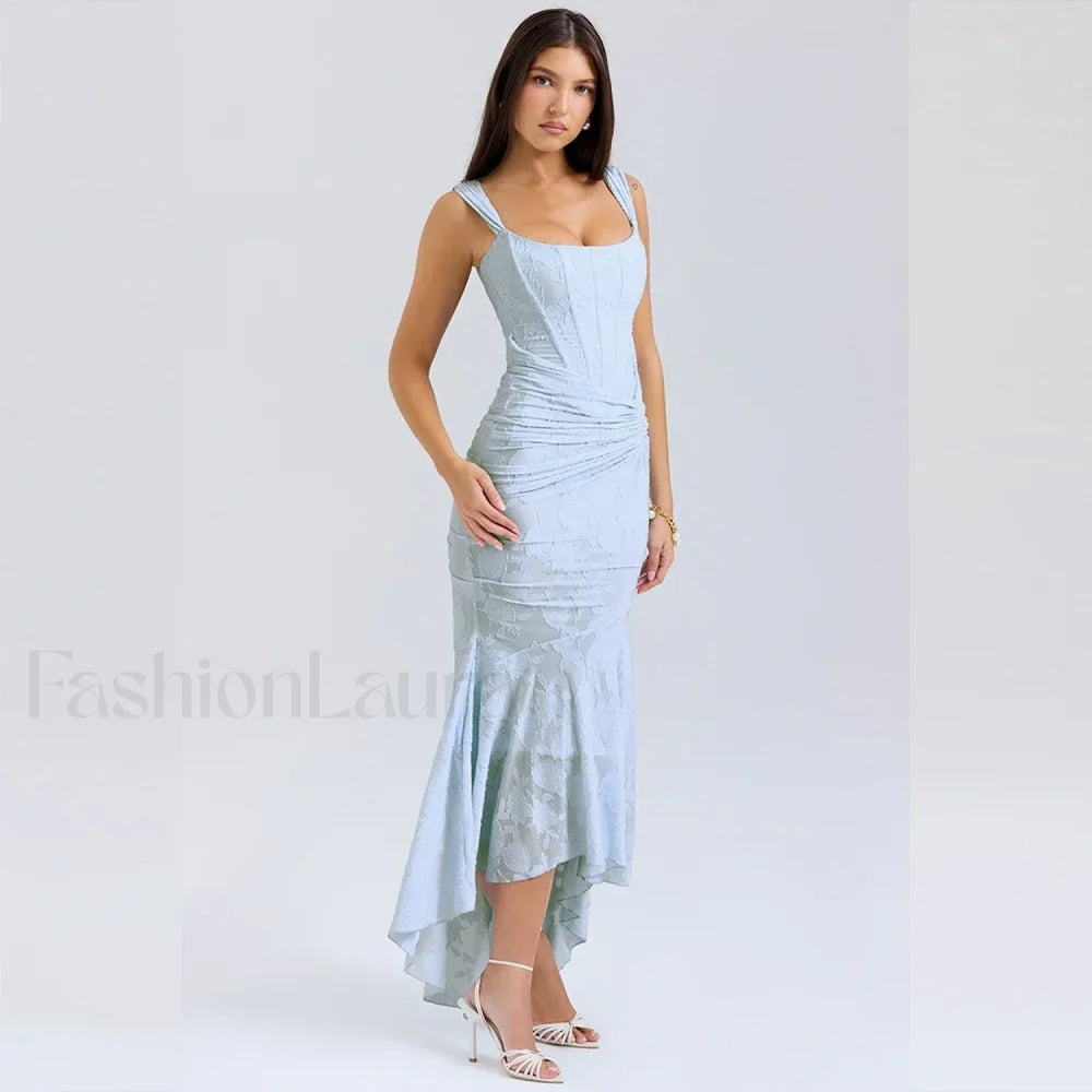 Blue Floral Gathered Maxi Dress