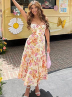 Blue Floral Print Casual Midi Dress Elegant Summer Floral Dress pink / S