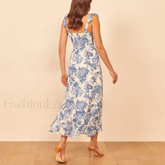 Blue Floral Tie Strap Midi Dress