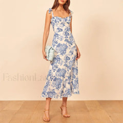 Blue Floral Tie Strap Midi Dress Blue / S