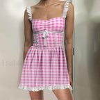 Blue Gingham Babydoll Mini Dress Pink / S