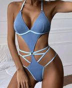 Blue Halter Hollow Cross Strapped One Piece blue / S