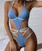 Blue Halter Hollow Cross Strapped One Piece blue / S