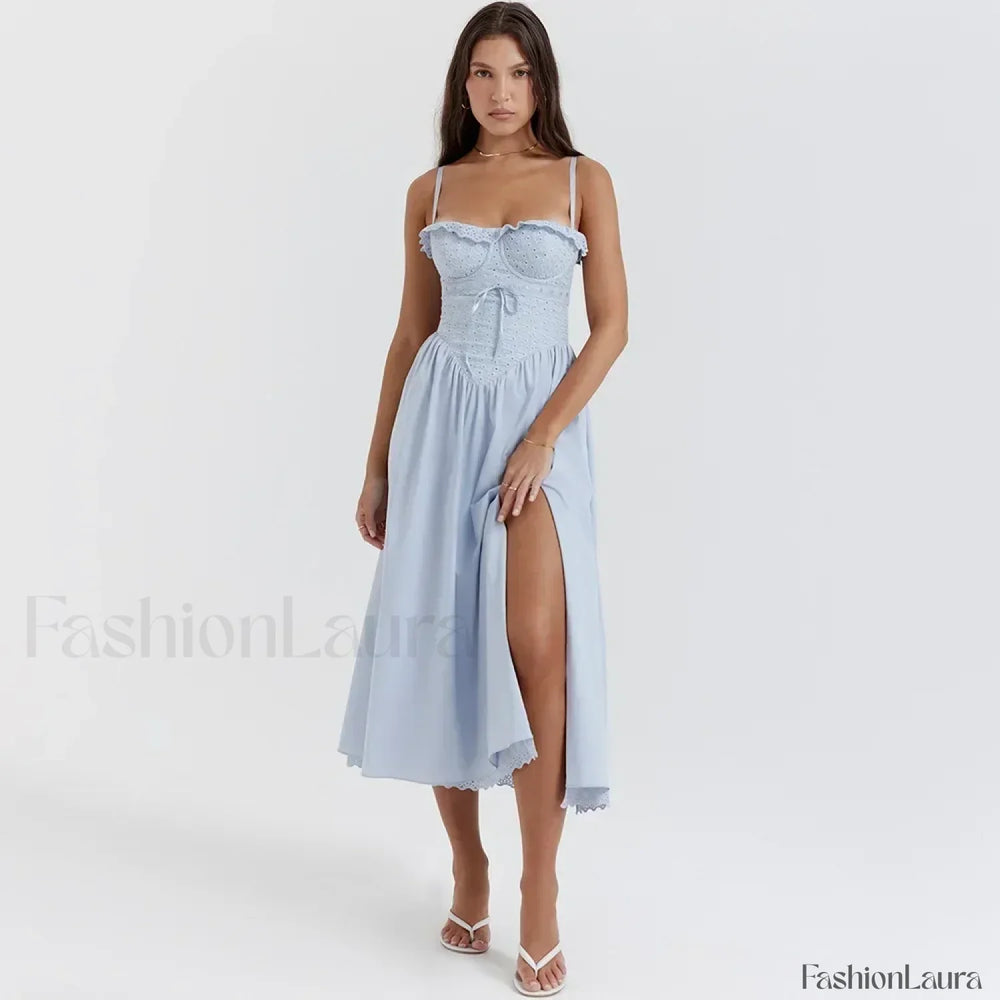 Blue High Split Lace Up Midi Dress blue / XS