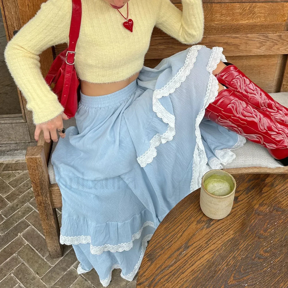 Blue Lace Patchwork Asymmetric Skirt