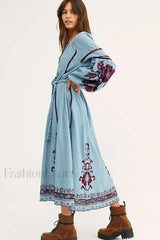 Blue Lantern Sleeve Tunic Boho Dress