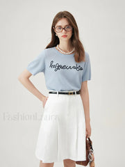 Blue Letter Embroidery Knit T Shirt