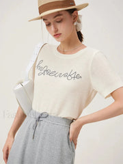 Blue Letter Embroidery Knit T Shirt Apricot / XS