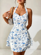 Blue Printed V Neck Mini Dress
