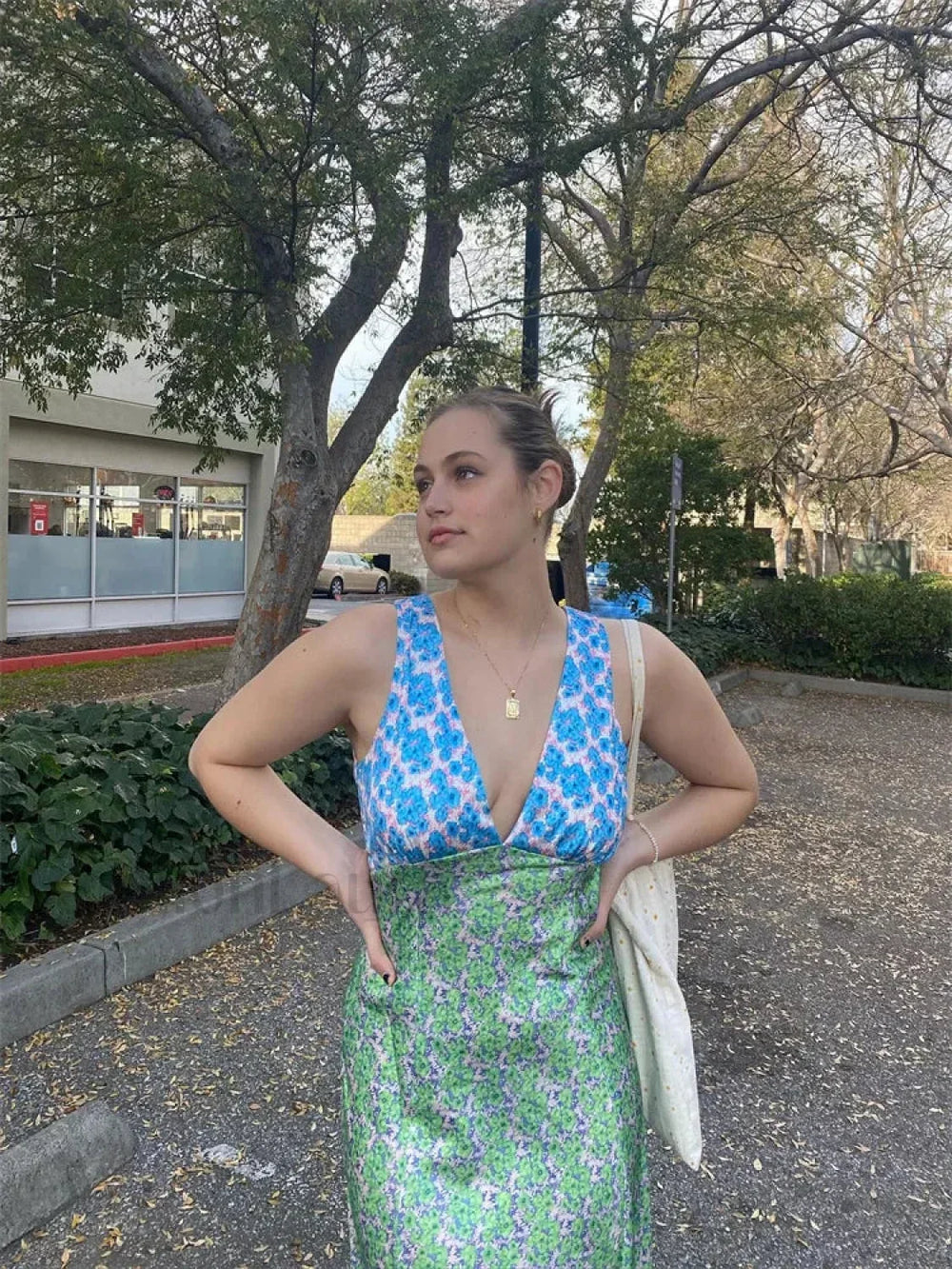 Bohemian Floral Print Deep V Neck Bodycon Floral Dress