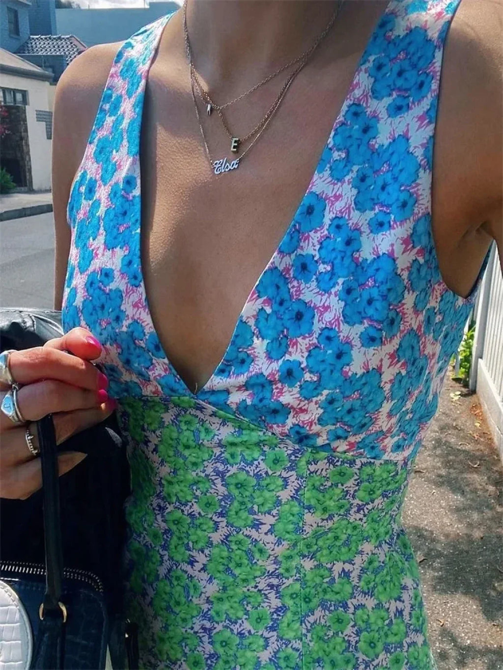 Bohemian Floral Print Deep V Neck Bodycon Floral Dress