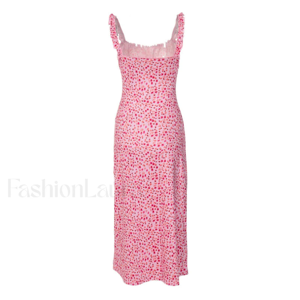 Bohemian Flower Print Ruched Detail Sleeveless Midi Sundress Red Sun Dresses