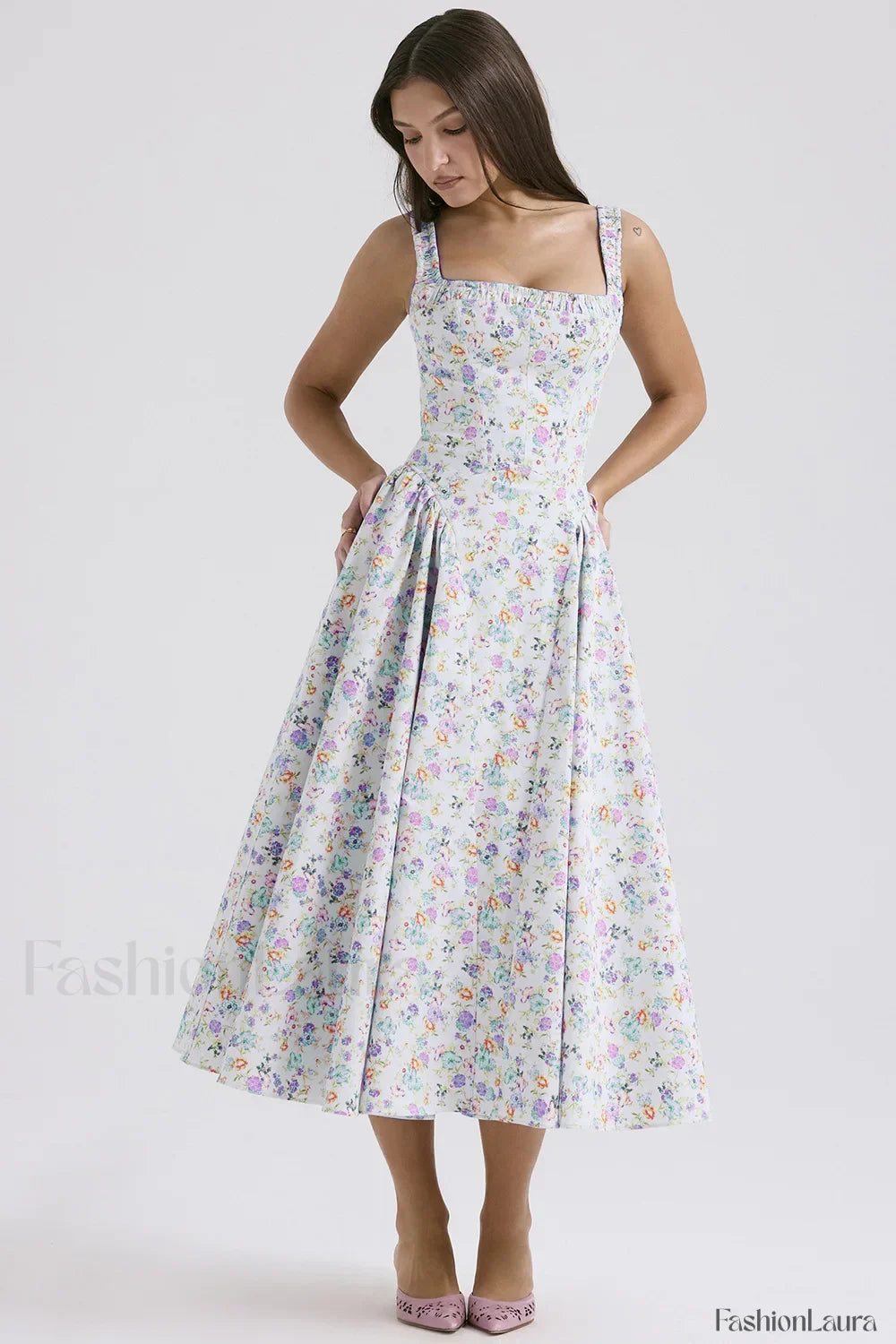 Bohemian Fragmented Flower Midi Dress Light Purple / S