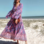 JuliaFashion-Bohemian V-Neck Flare Sleeve Pleated Maxi Dress