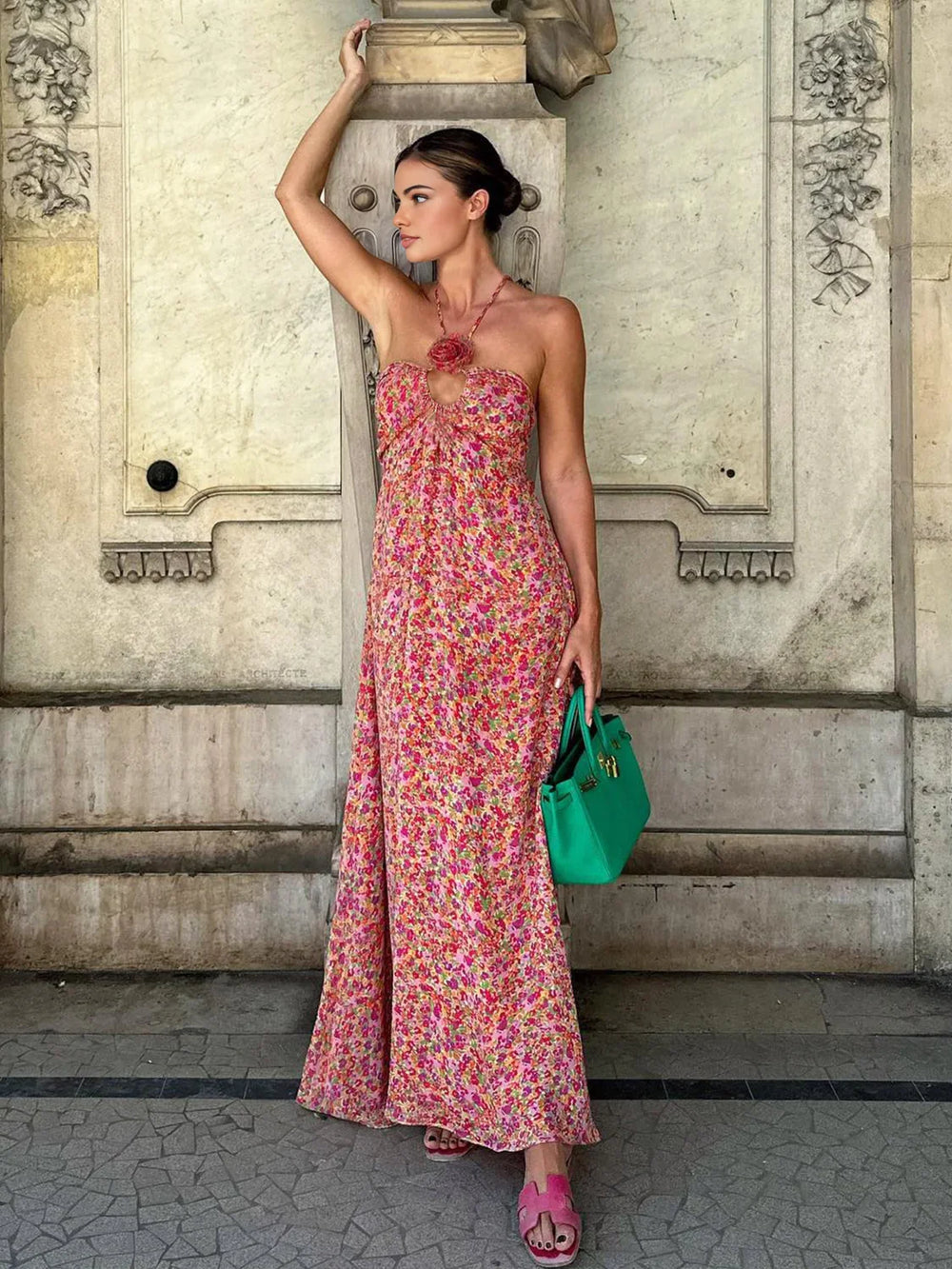 Boho Floral Print Rosette Decor Halter Long Dress Dresses