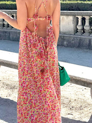 Boho Floral Print Rosette Decor Halter Long Dress Dresses