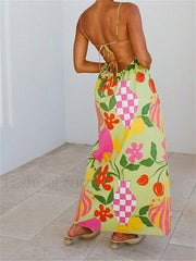 Boho Floral Strap Backless Maxi Dress