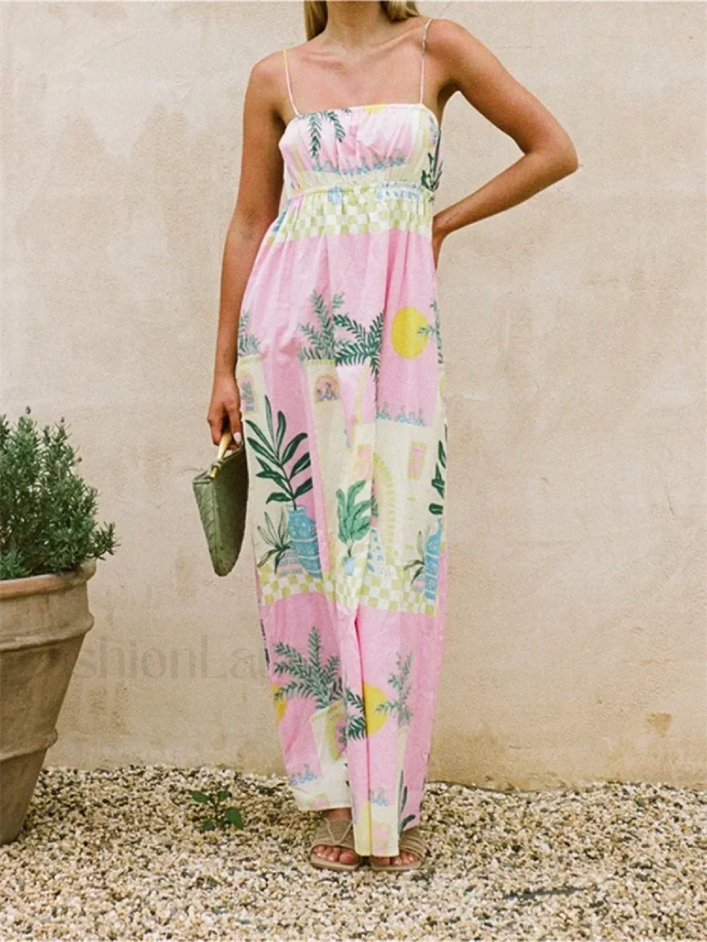 Boho Floral Strap Backless Maxi Dress pink / S