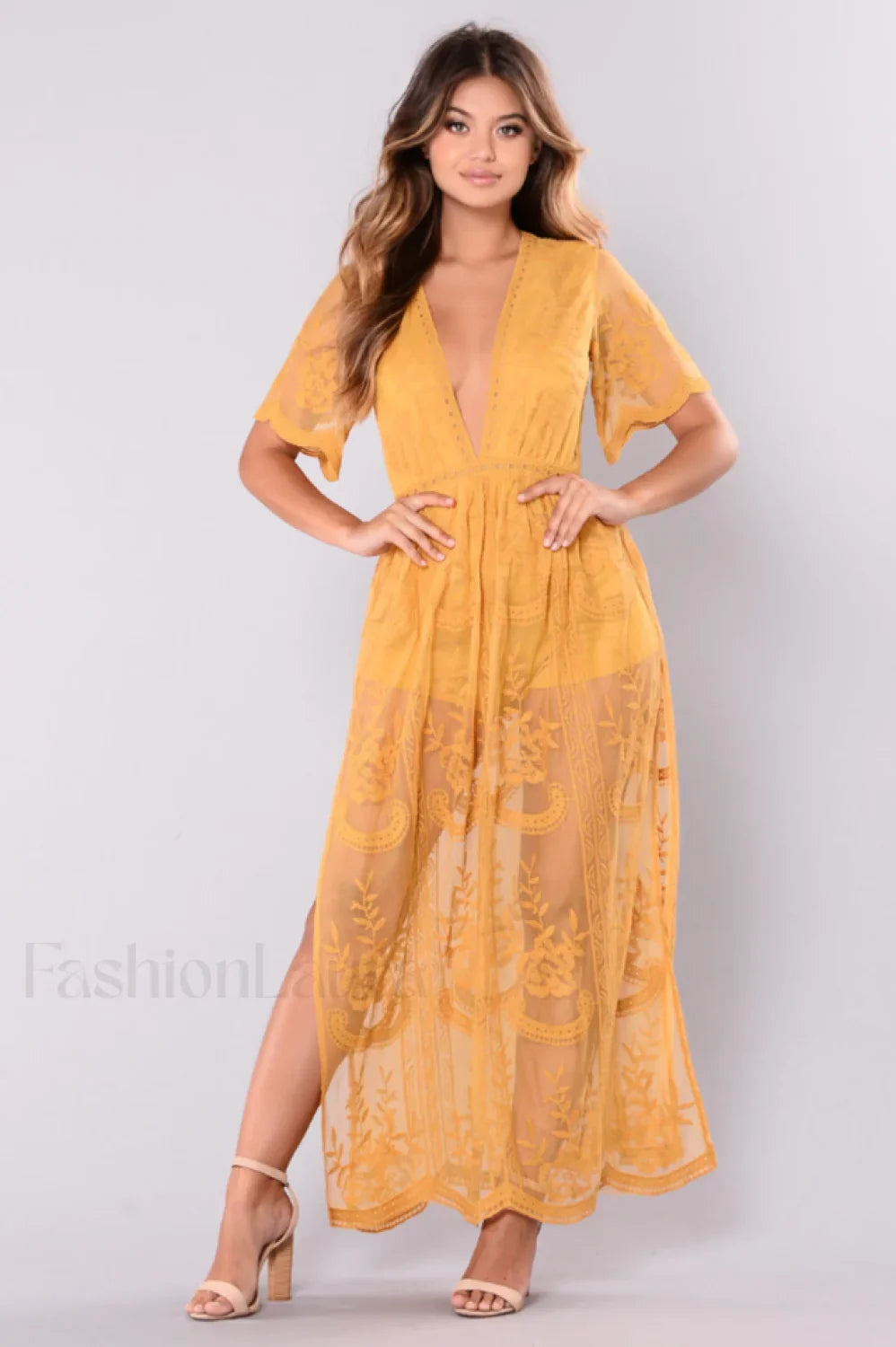 Boho Lace Stylish Maxi Dress S / Mustard