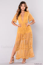 Boho Lace Stylish Maxi Dress S / Mustard