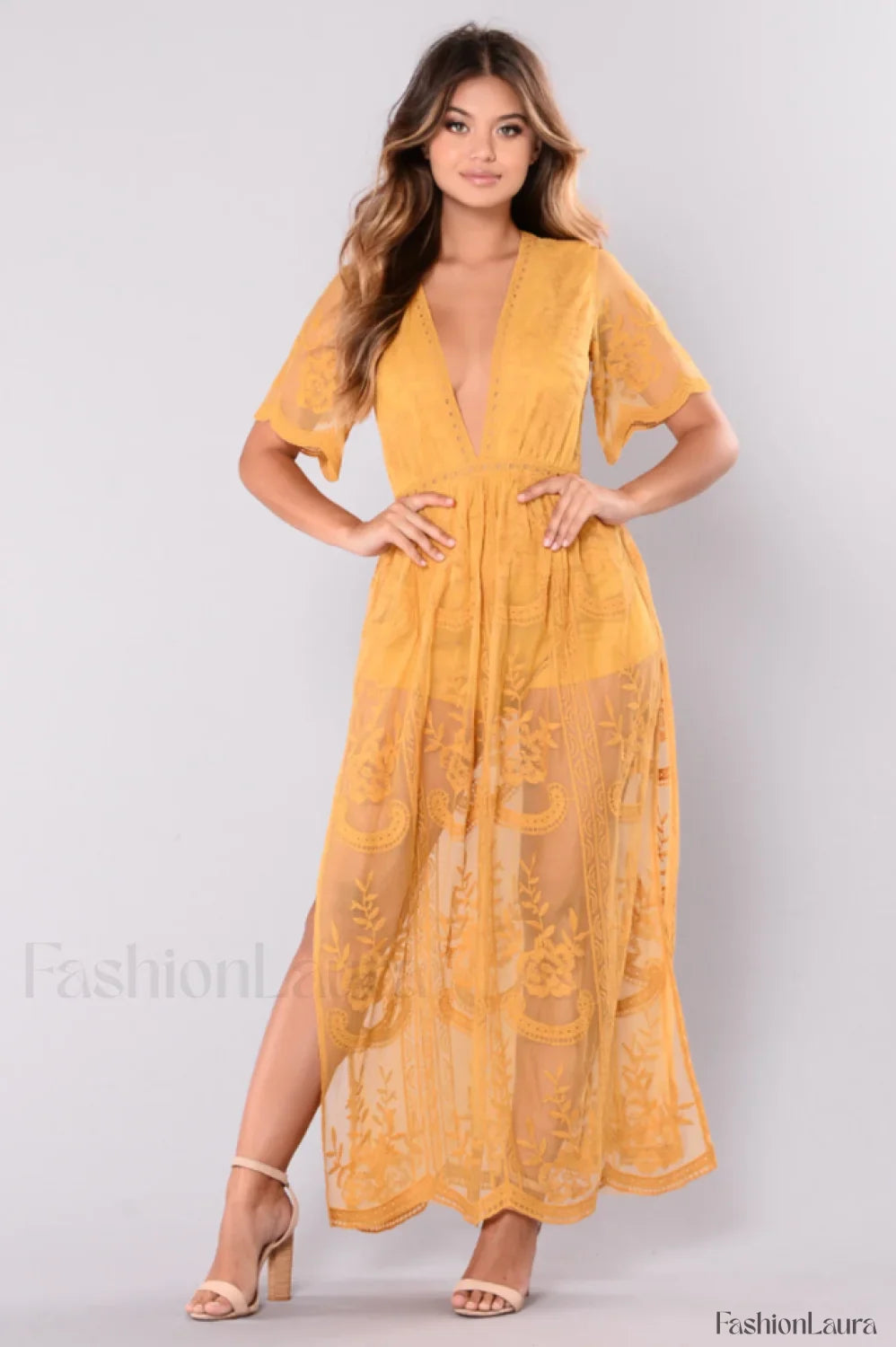Boho Lace Stylish Maxi Dress S / Mustard