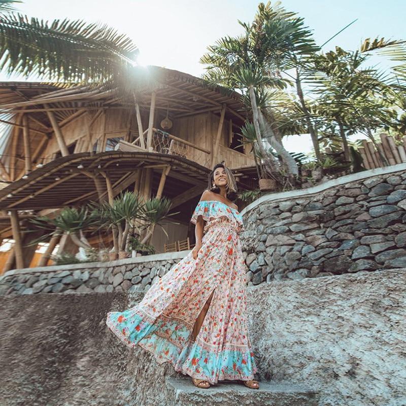 JuliaFashion-Boho Vintage Ruffle Slash Neck Summer Dress