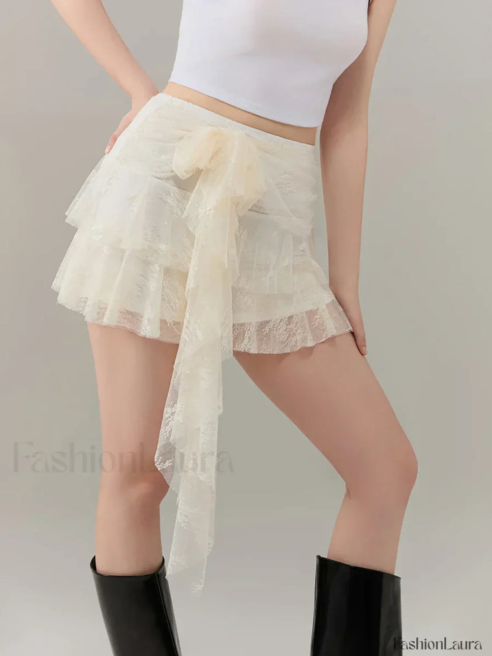 Bow Lace Ruffle Layered Mini Skirt