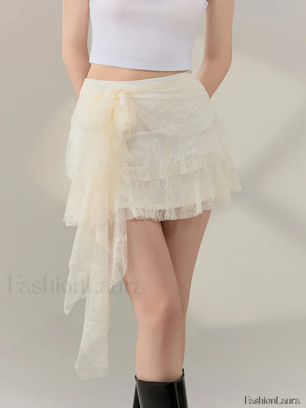 Bow Lace Ruffle Layered Mini Skirt Beige / S