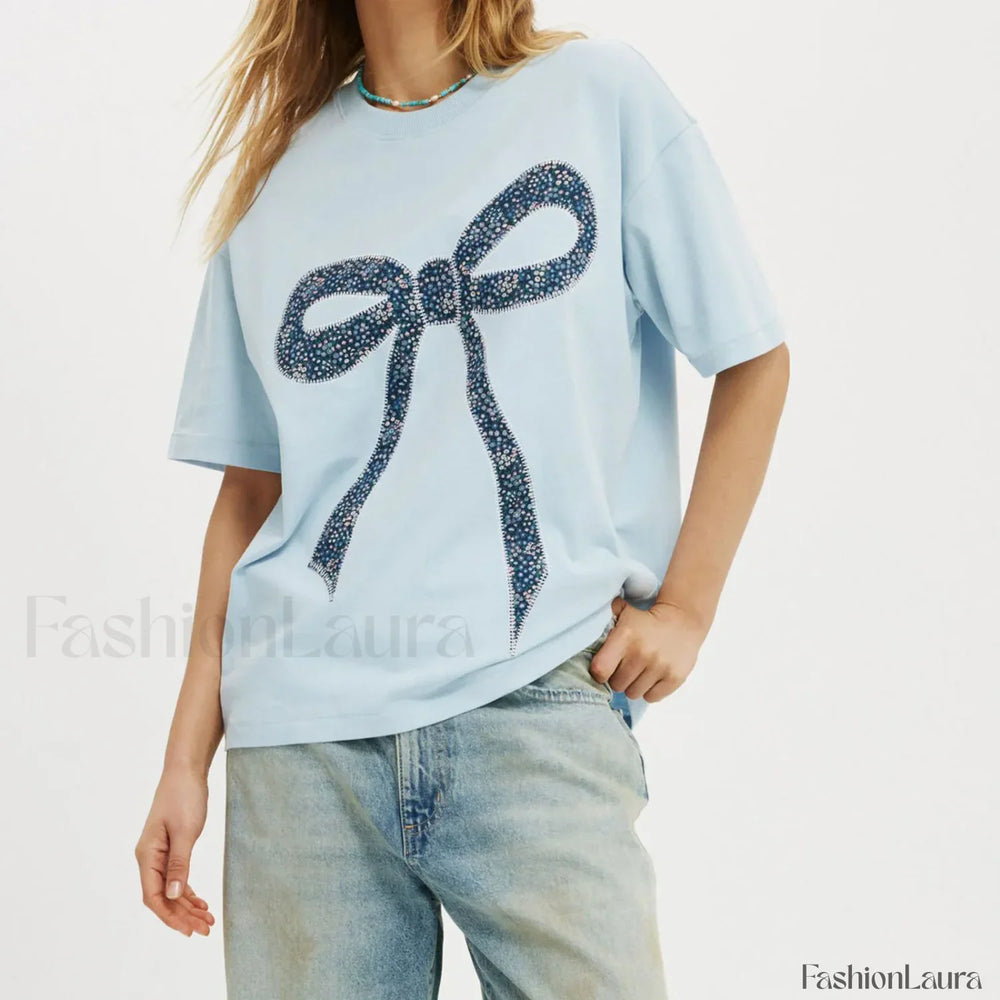 Bow Letter Number Pattern T Shirt SKY BLUE / S