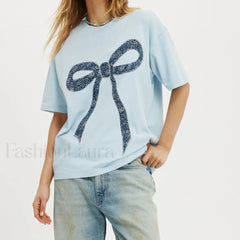 Bow Letter Number Pattern T Shirt SKY BLUE / S