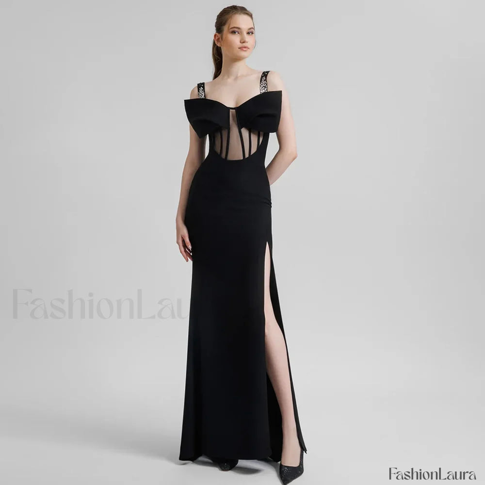 Bow Mesh Spaghetti Maxi Dress Black / XS