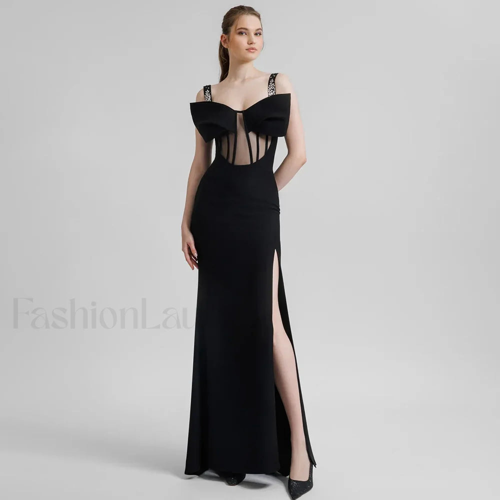 Bow Mesh Spaghetti Maxi Dress Black / XS