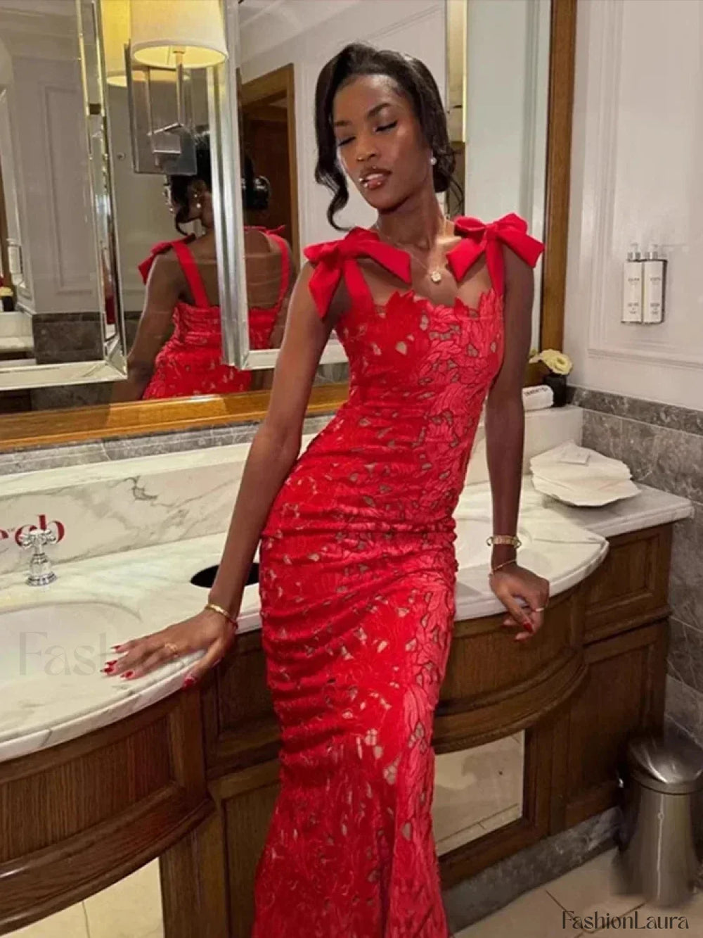 Bow Slim Sling Maxi Dress Red / XS