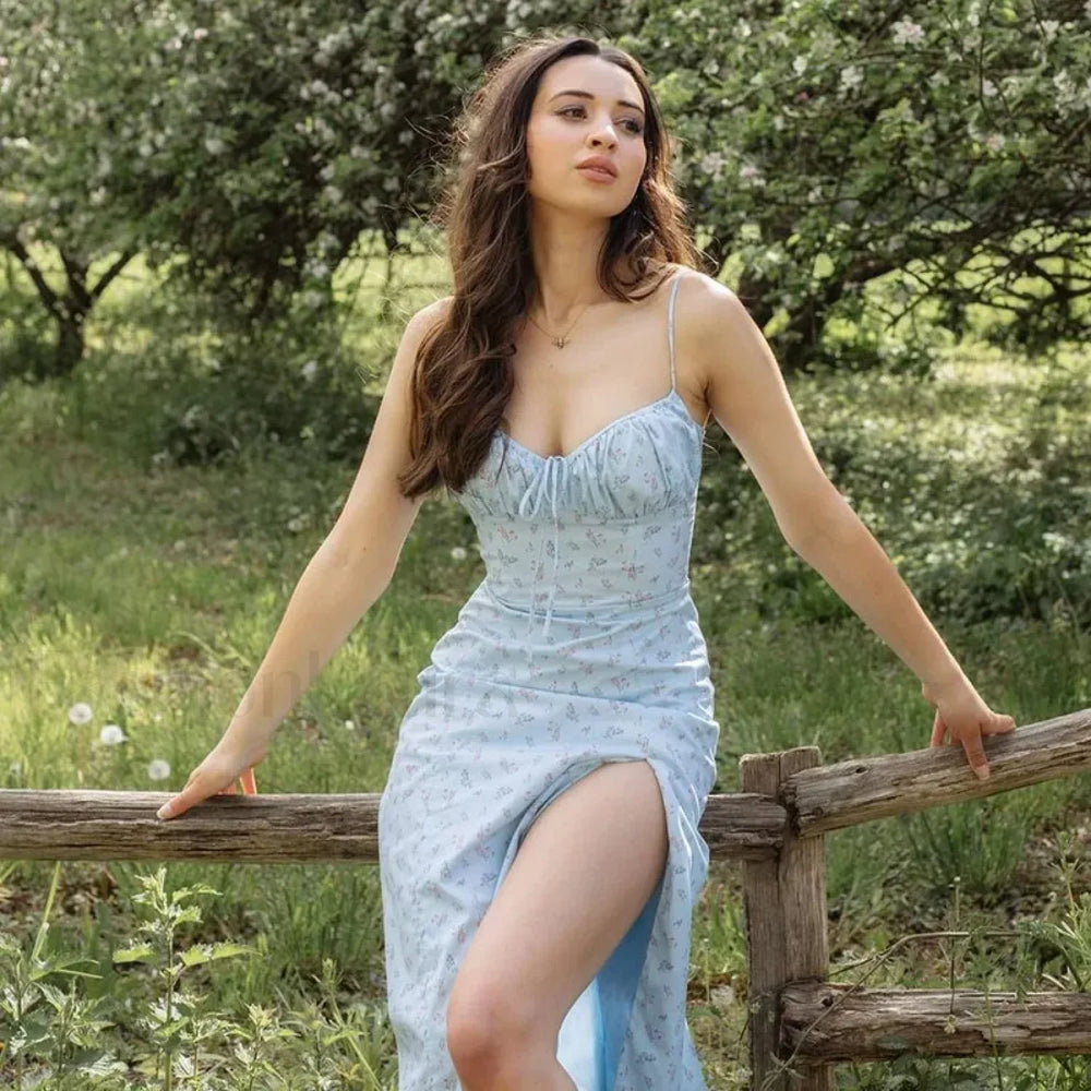 Bow Spaghetti Strap Floral Dress Blue / S