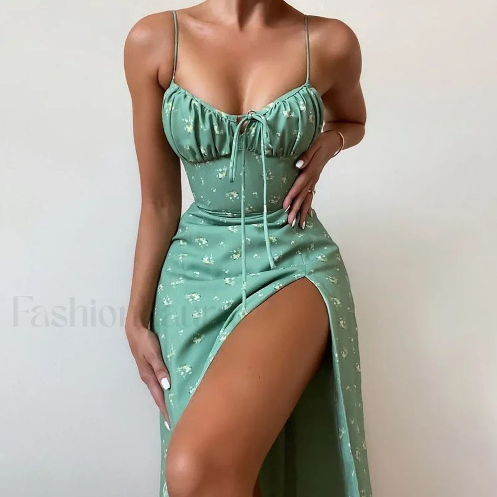 Bow Spaghetti Strap Floral Dress Green Flower / S