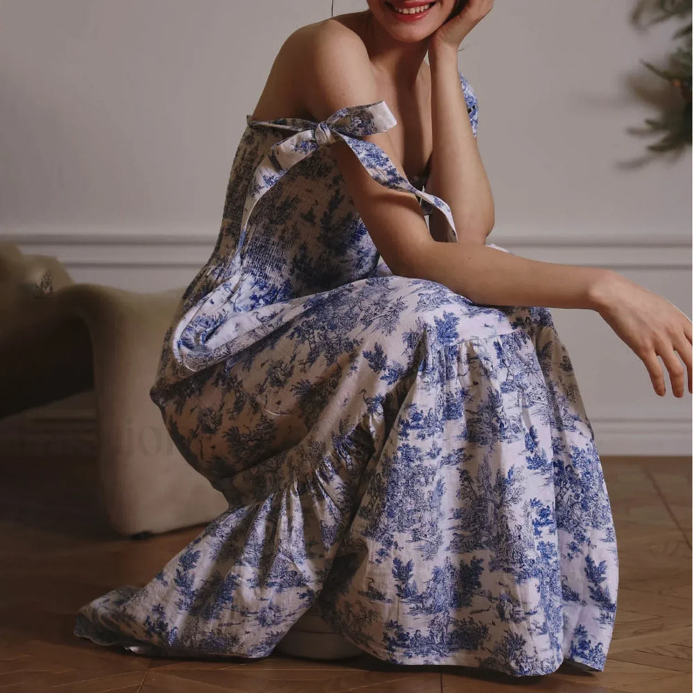 Bow Strap Floral Smocked Midi Dress Blue / S