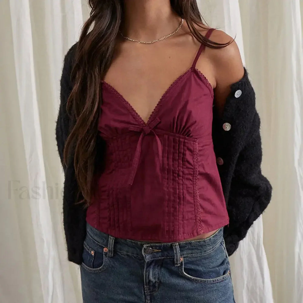 Bow V Neck Adjustable Crop Top