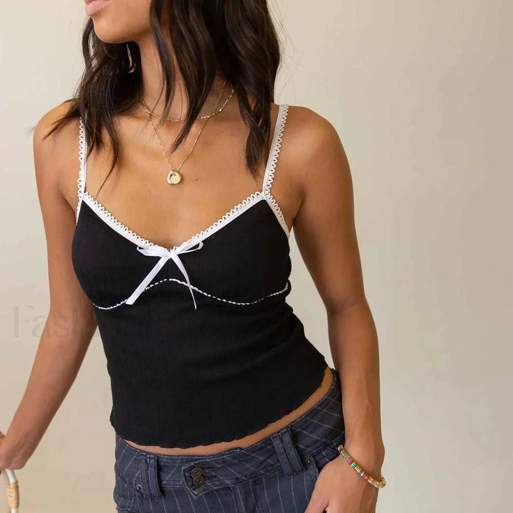 Bow V Neck Club Crop Top Black / S
