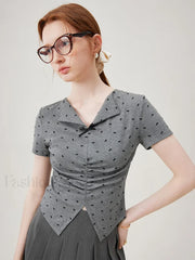 Bowknot Lapel Tight Knit Casual T Shirt