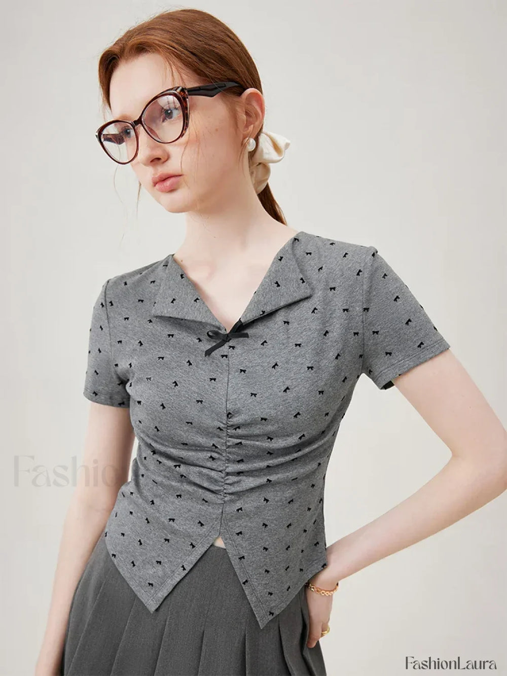 Bowknot Lapel Tight Knit Casual T Shirt