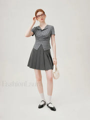 Bowknot Lapel Tight Knit Casual T Shirt