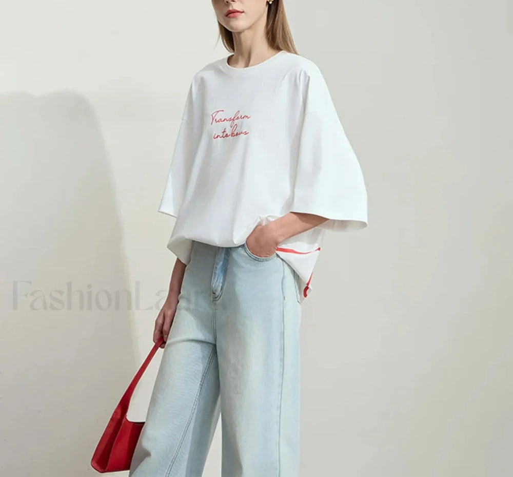 Bowknot Print Loose T Shirt Beige / One Size