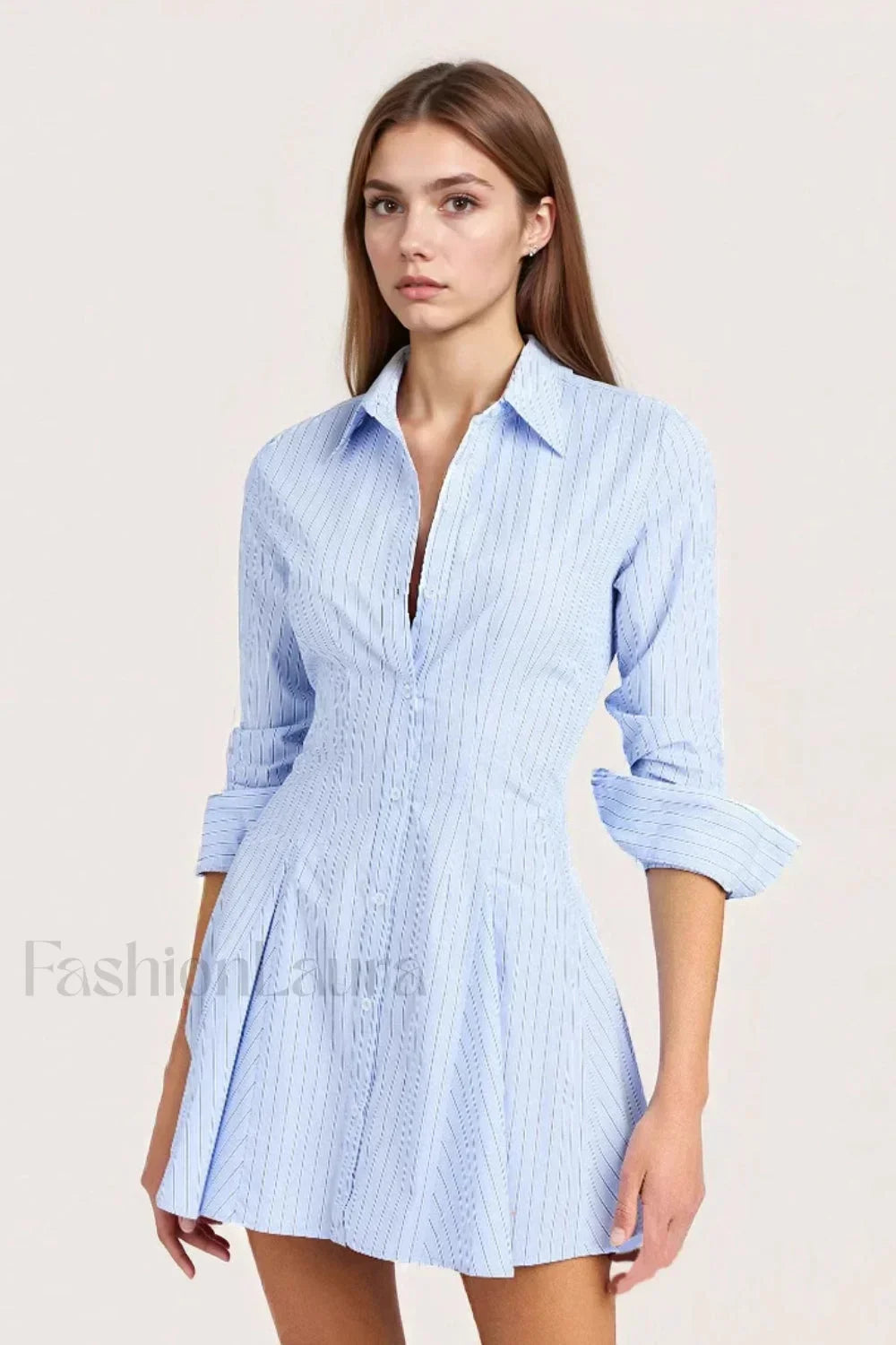Breathable Striped Collared Shirt Work Dress Blue / S