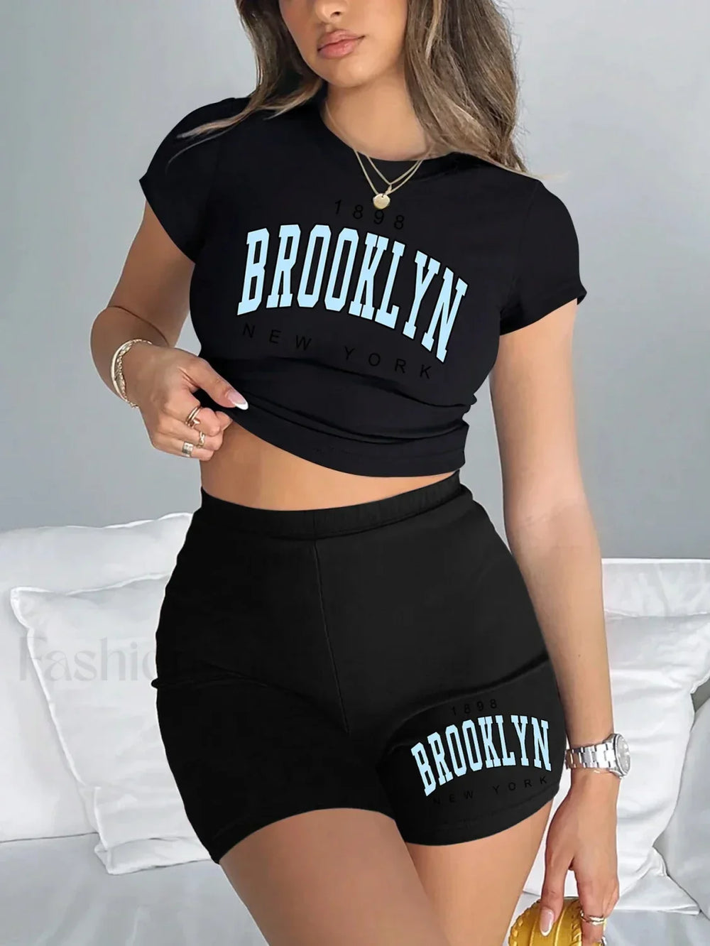 Brooklyn New York Print Slim Crop T Shirt & Pants Black Black / S