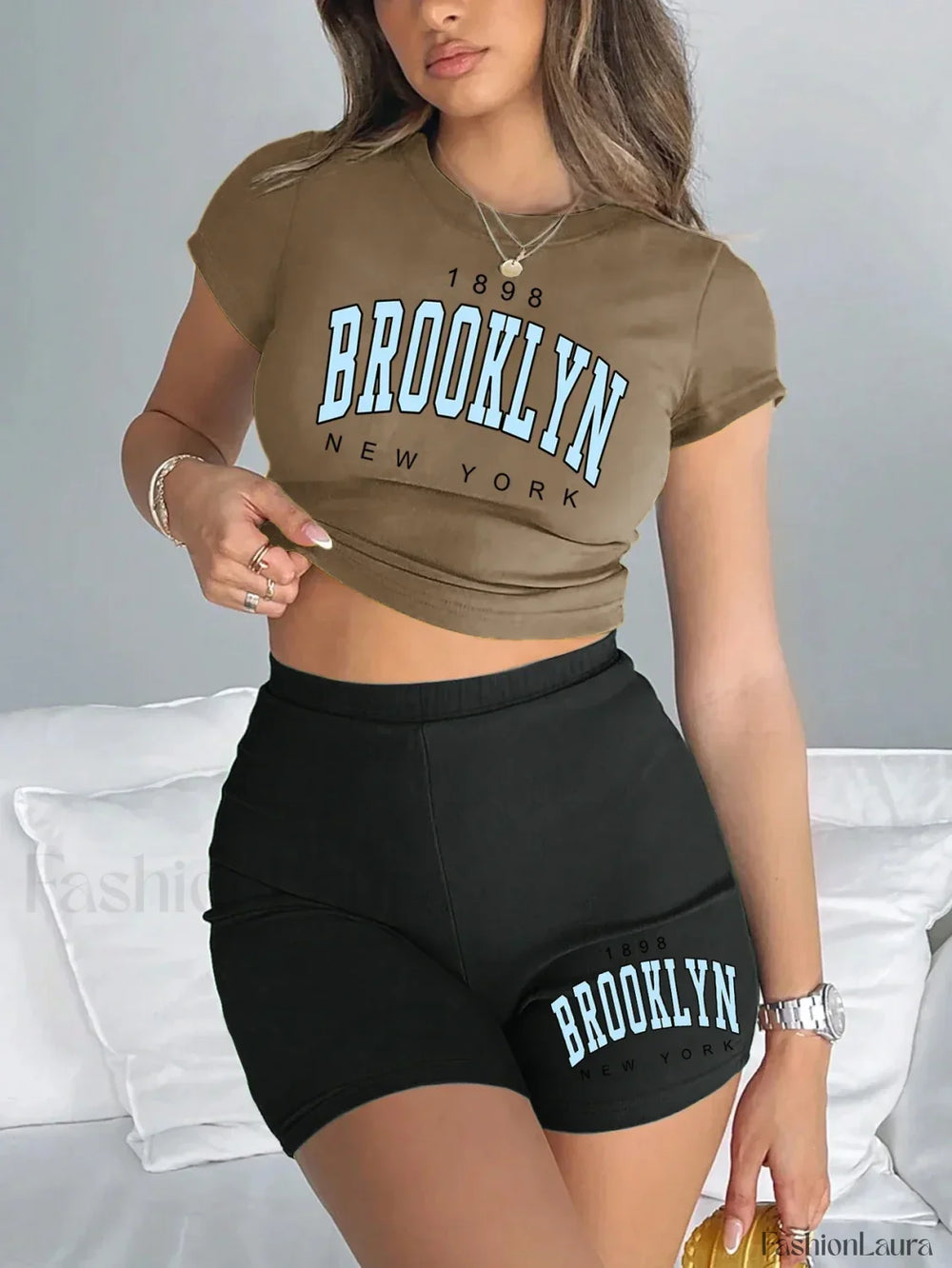 Brooklyn New York Print Slim Crop T Shirt & Pants Brown Black / S