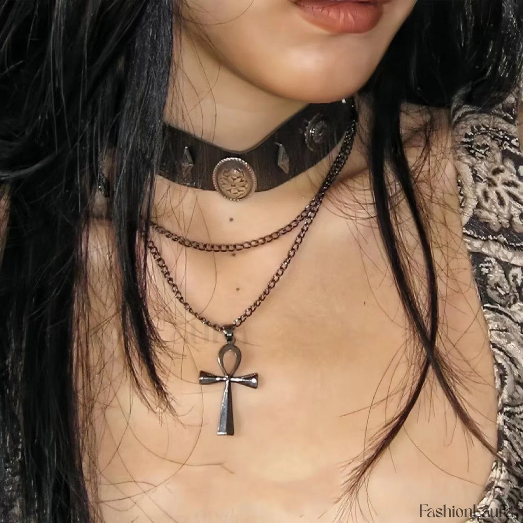 Brown Leather Layered Cross Choker with Roman Rivets BLACK